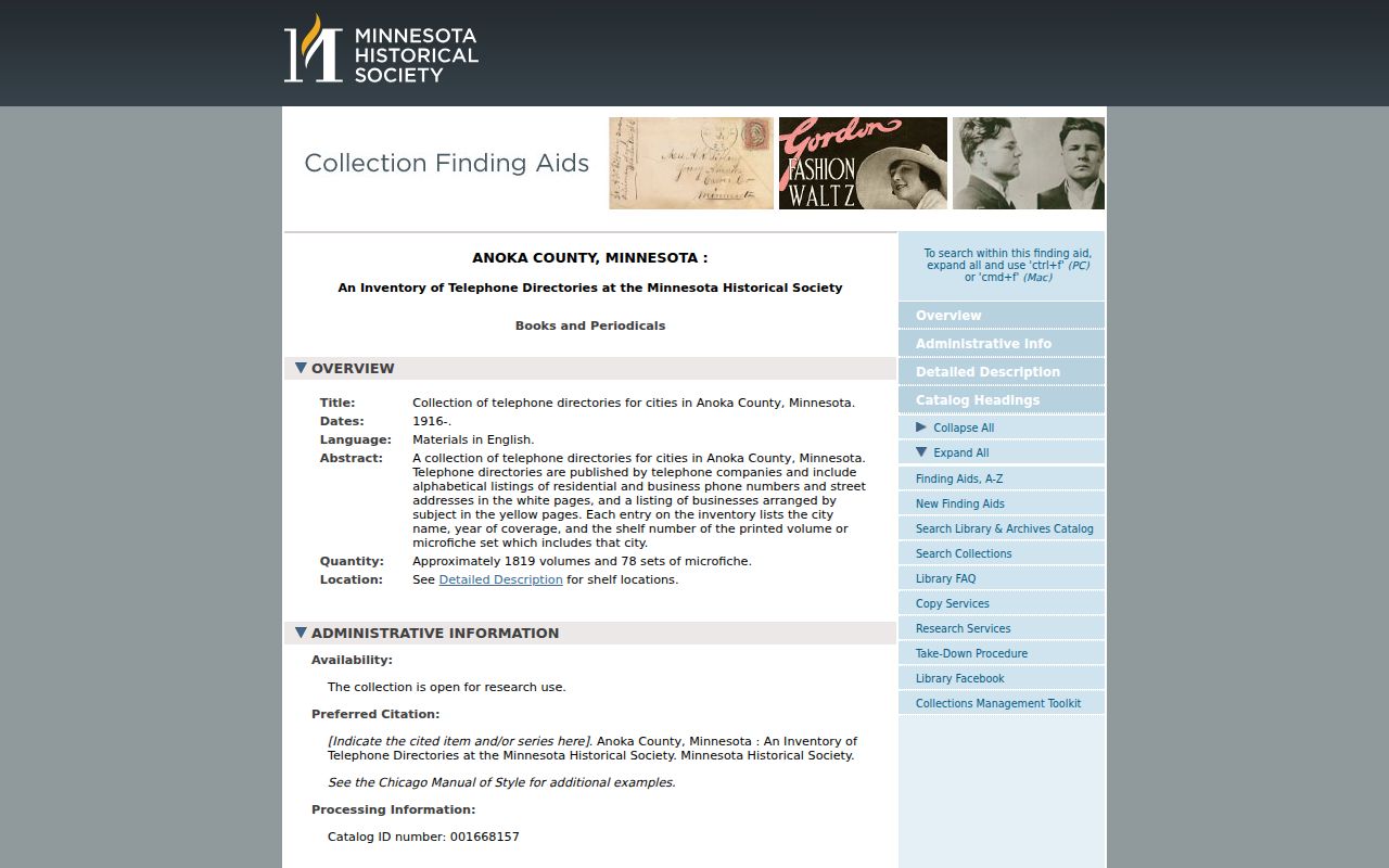 Fridley city directory telephone-directory holdings in the Minnesota Historical Society finding aid