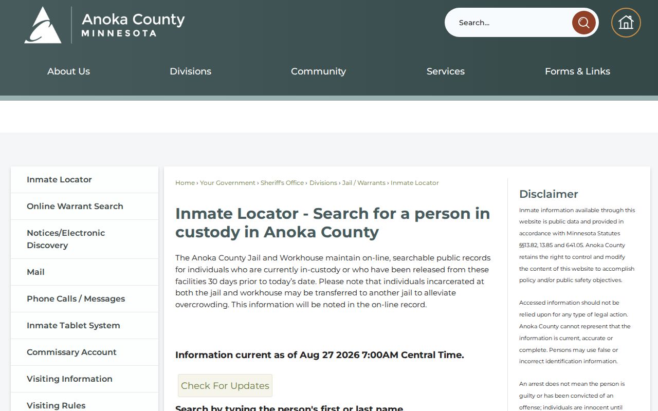 Fridley residents directory Anoka County inmate locator