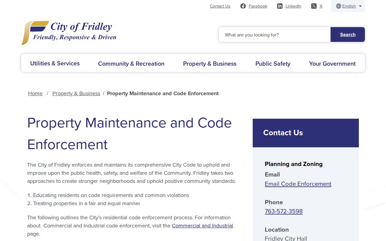 Fridley neighbors code complaint information page