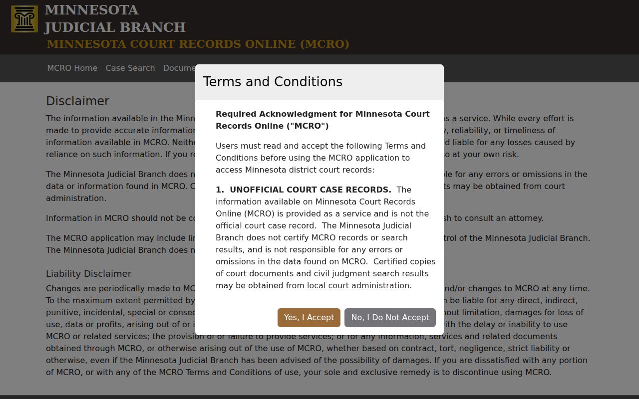 Fridley resident lookup MCRO disclaimer screen