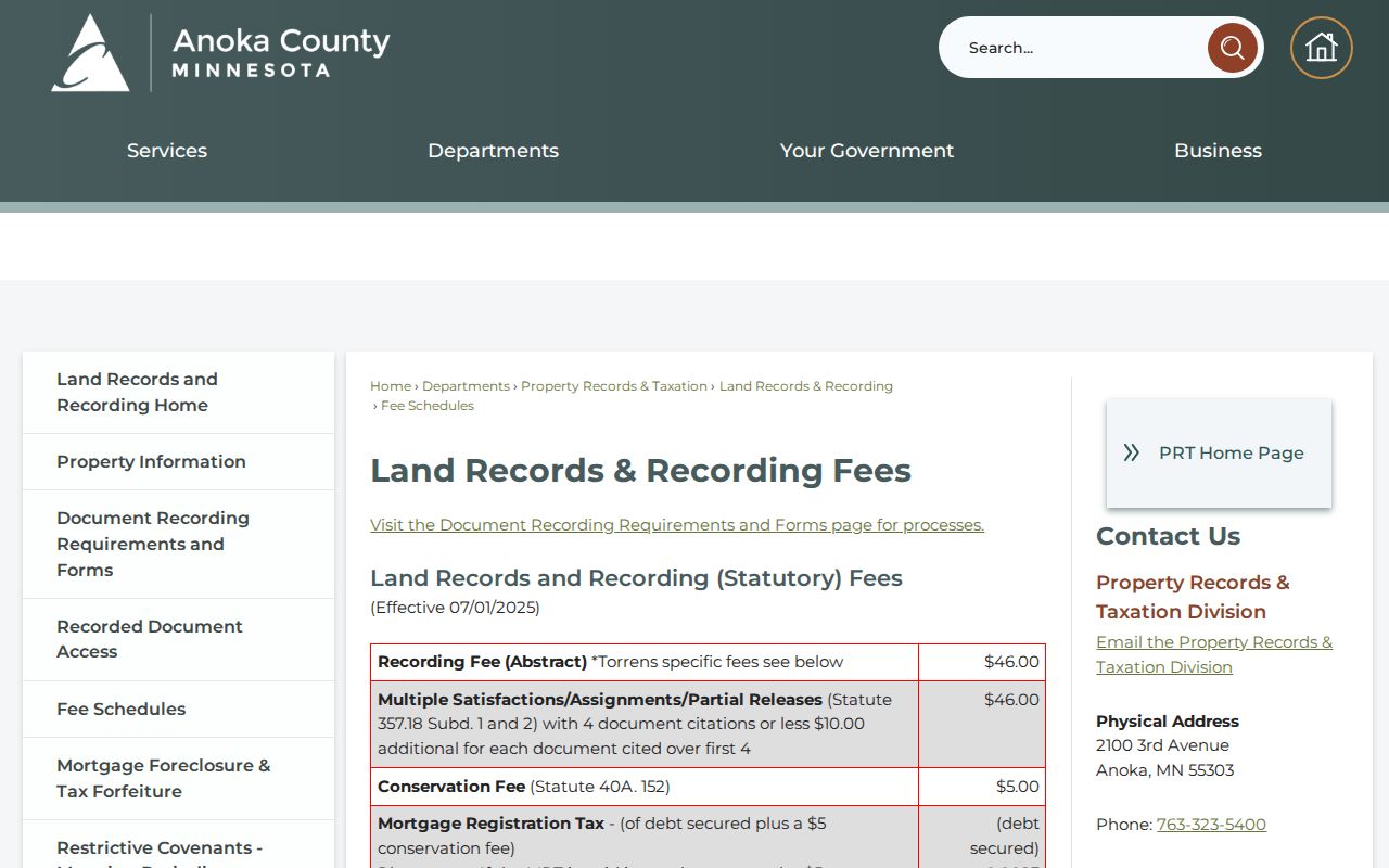 Fridley street directory Anoka County records fee schedule