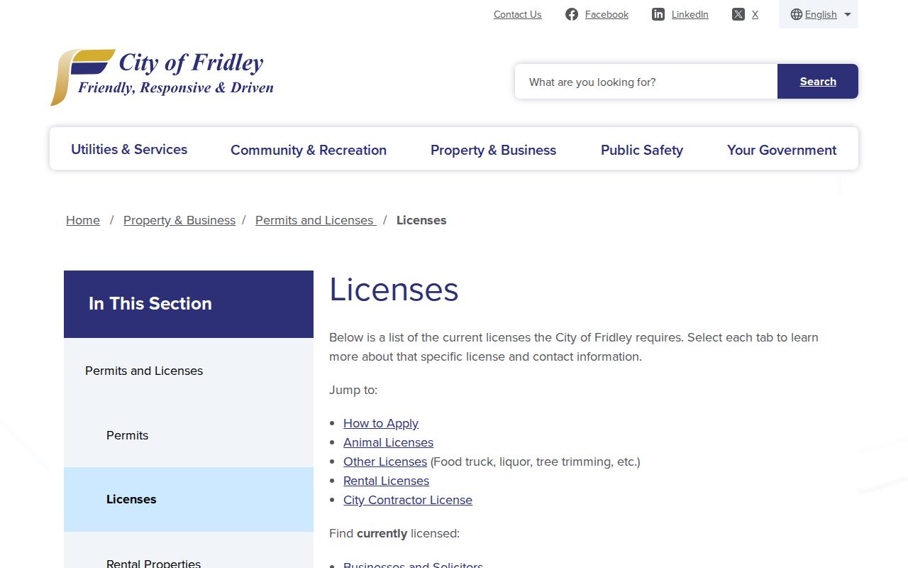 Fridley street directory municipal license search page